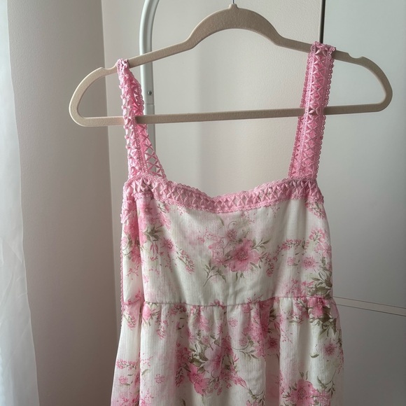 By the River Pink Floral Dress Size L - Crochet Straps & Tiered Skirt - Picture 3 of 6